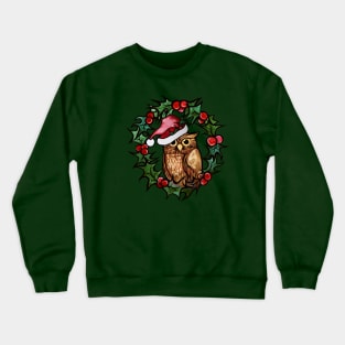 Christmas Owl With Cute Santa Hat and Wreath Crewneck Sweatshirt